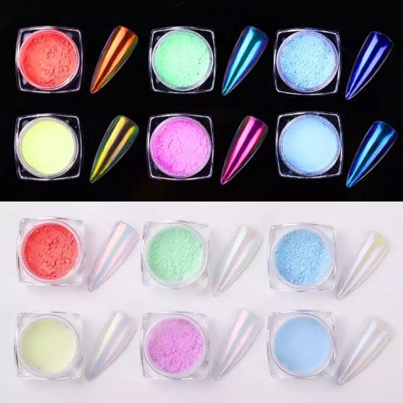 Poudres à frotter effet miroir Aurora – 6 teintes brillantes pour nail art professionnel